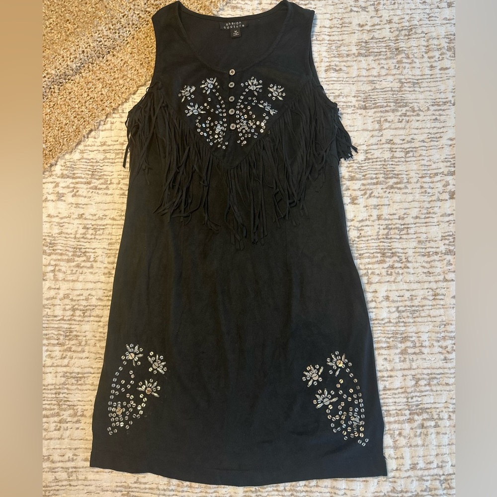 Fringe & Rhinestone Black Sleeveless Dress